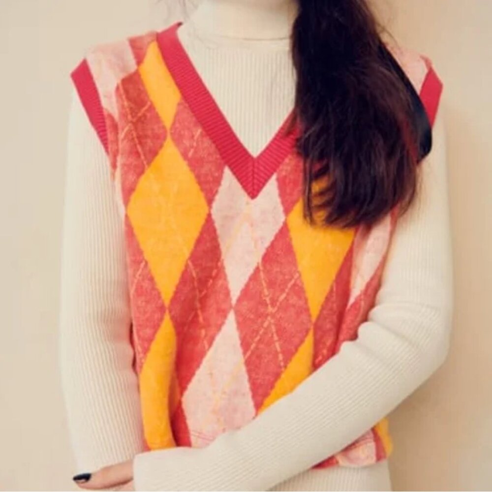 Zara Argyle Printed Knit Vest M - Picture 4 of 6